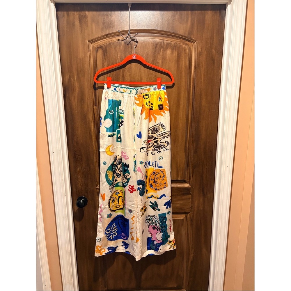 Commense 2 Piece Matching Set Medium Cream Multi NWT Graphic Print Palazzo Pants - Picture 6 of 7